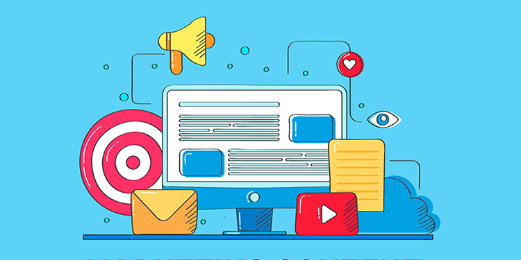 Content strategy: laptop, megaphone, bullseye, heart, envelope, play button. Image by  Freepik, freepik.com/free-vector/marketing-content-concept_3525949.htm#page=3&query=content%20strategy&position=1&from_view=keyword&track=ais