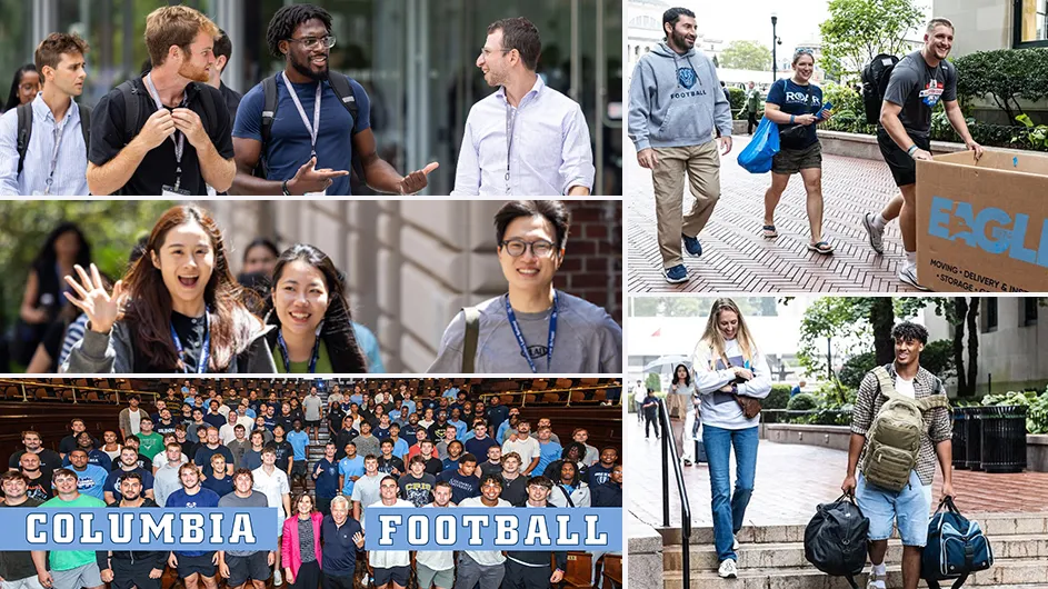 Composite of photos of students moving into their residence halls and attending orientations at Columbia University. 