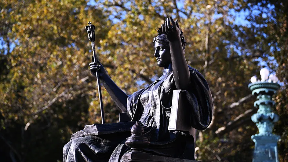 Alma Mater with fall foliage 
