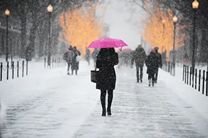 snowy day woman holding pink umbrella walks across college walk