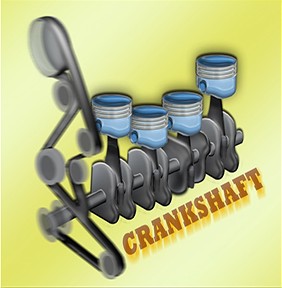 yellow background with a silver crankshaft model with four blue knobs on the top. Brown text displaying the word crankshaft located beneath image.