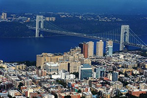 aerial shot of medical campus with george washington bridge in the backdrop 